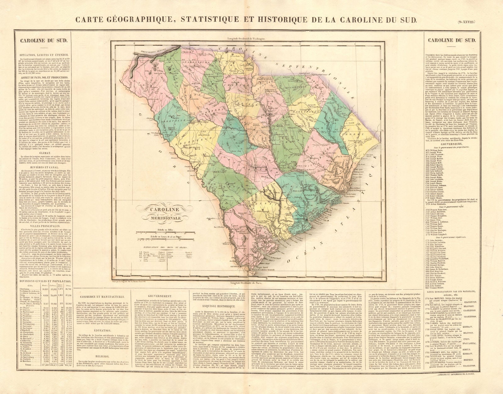 'Caroline du Sud'. South Carolina antique map. Old Indian frontier. BUCHON 1825